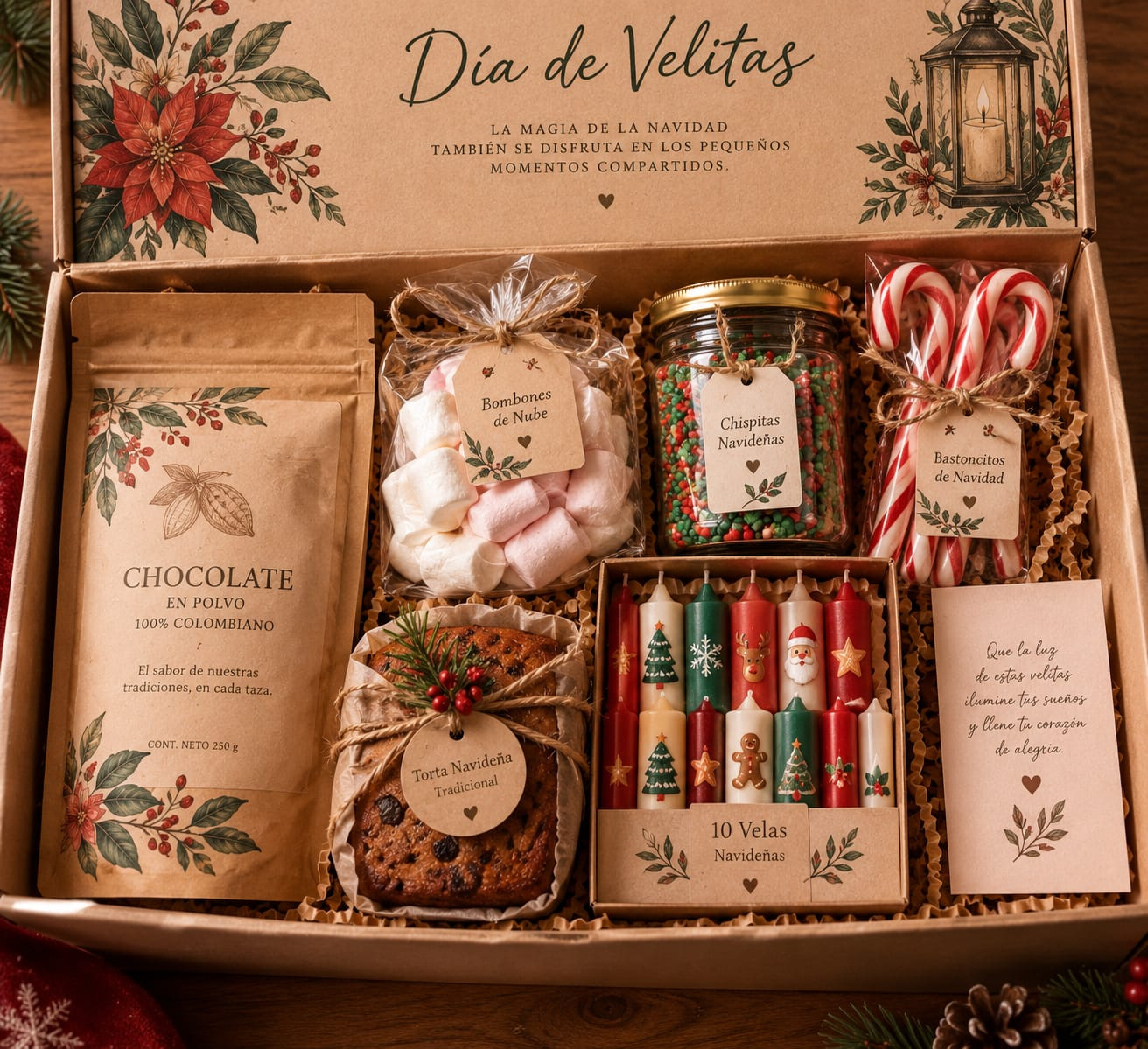 Caja Noche de velitas abierta con chocolate en polvo, dulces, velitas y una tarjeta